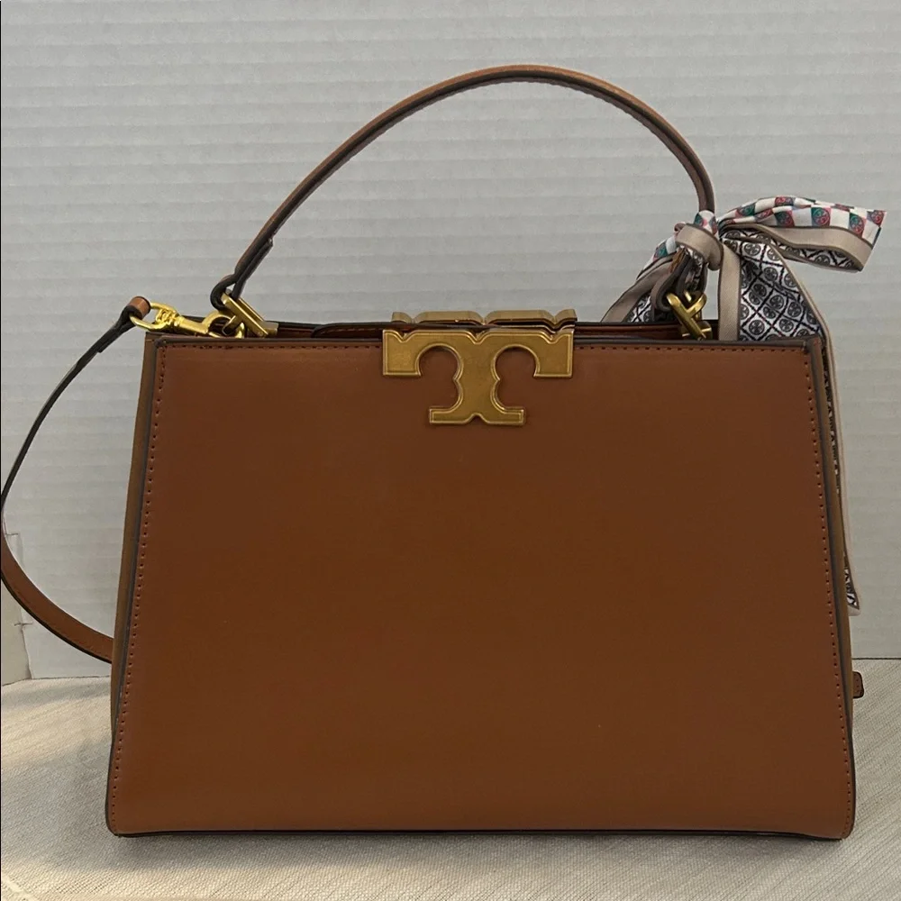 Tory Burch $700 Tan Eleanor Spazoletto Satchel with Gold Logo and Ribbon